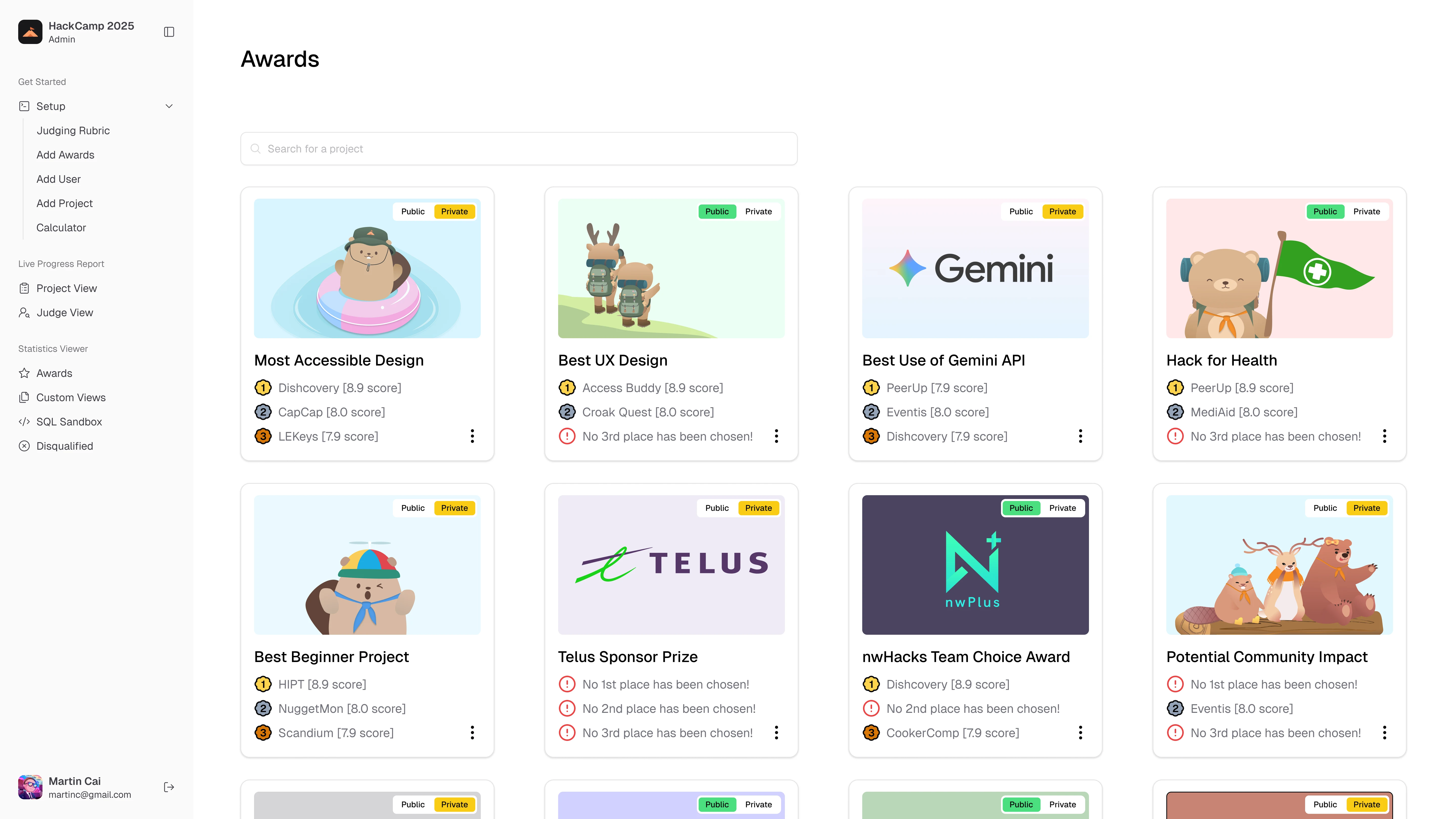 Awards overview — grid of award cards showing top-ranked projects and placement status